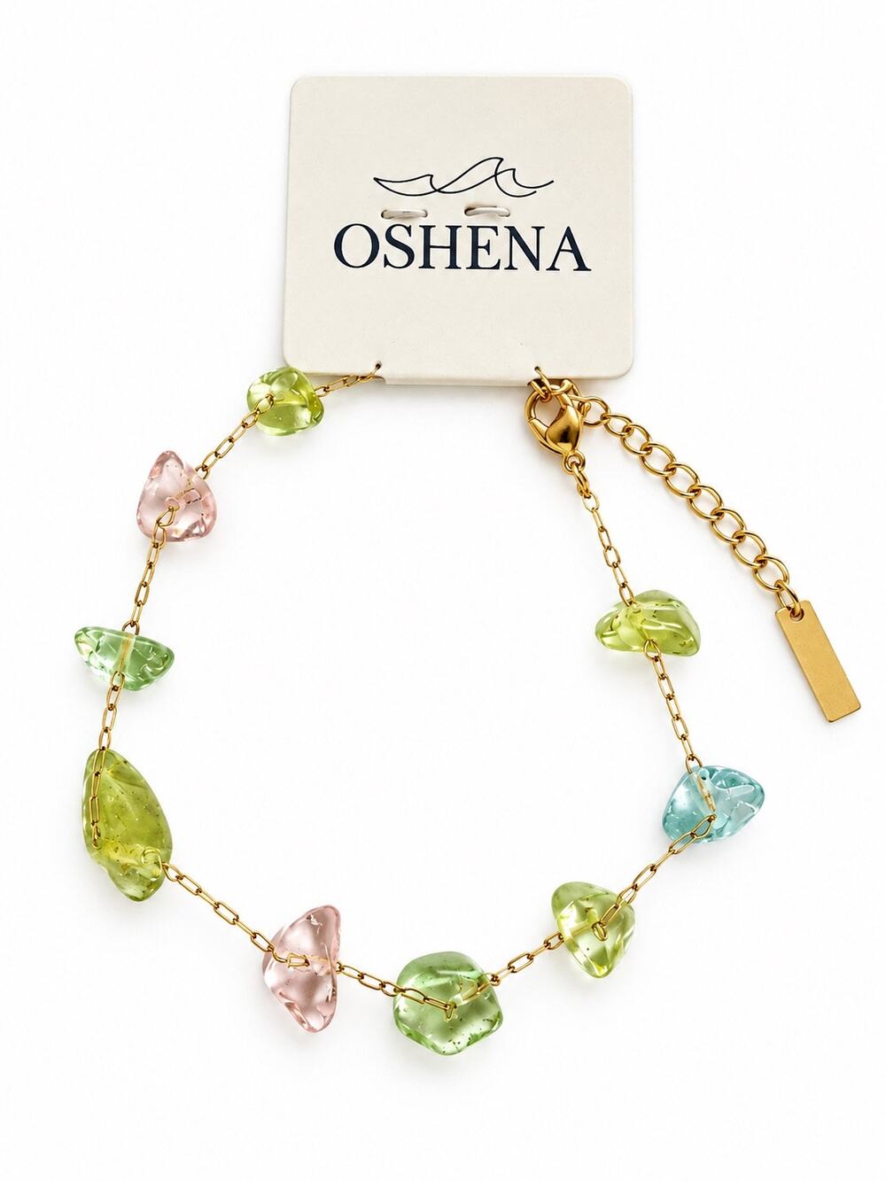 Oshena Boho Isla Bracelet Multicolor Sea Glass Green Pink Blue Gold